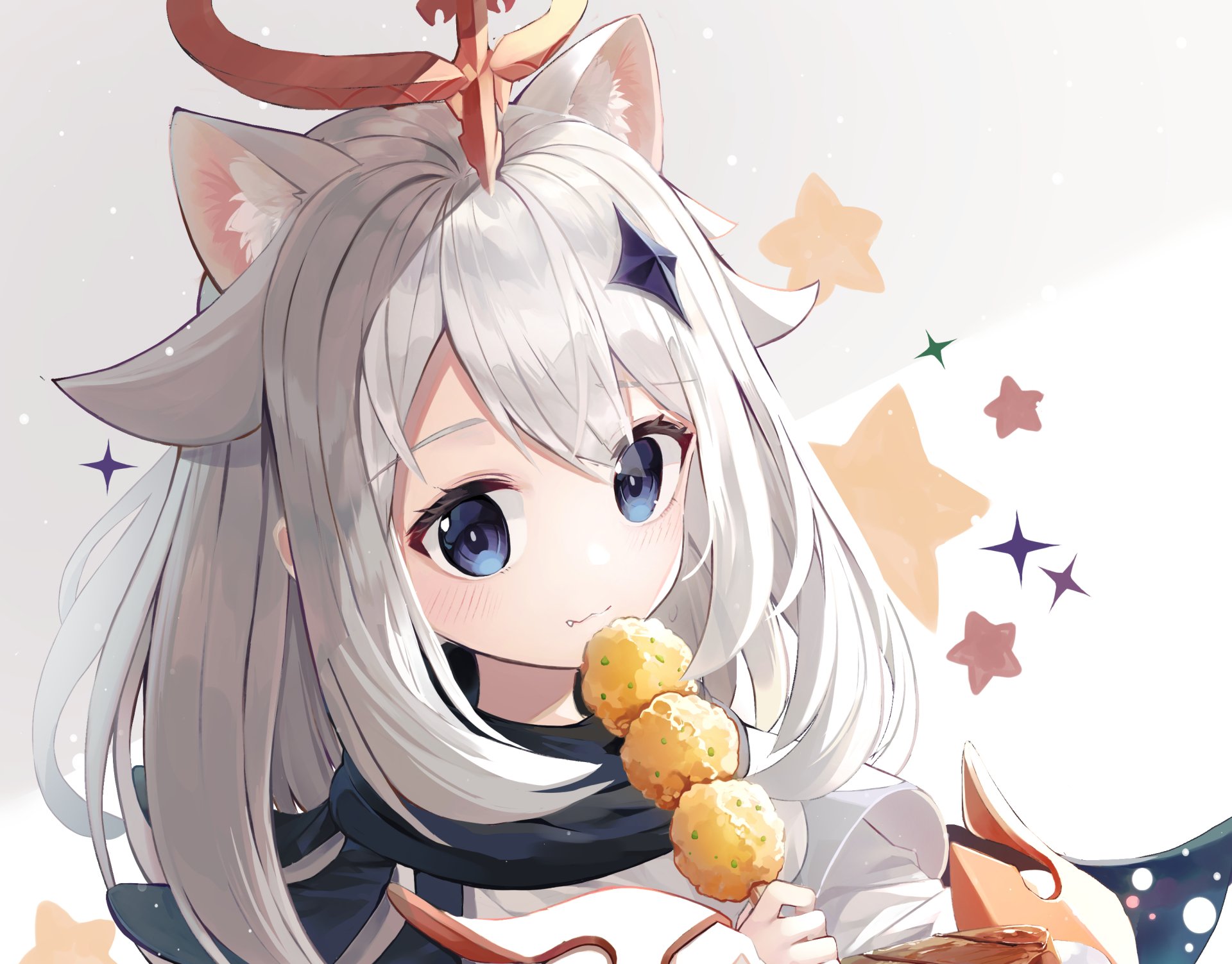 HD wallpaper featuring Paimon from Genshin Impact, depicted with white hair and fox ears, holding a skewer, set against a soft, starry background.