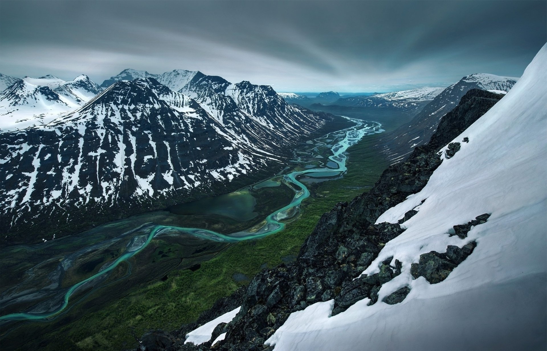 download-landscape-sweden-snow-river-mountain-nature-valley-hd-wallpaper