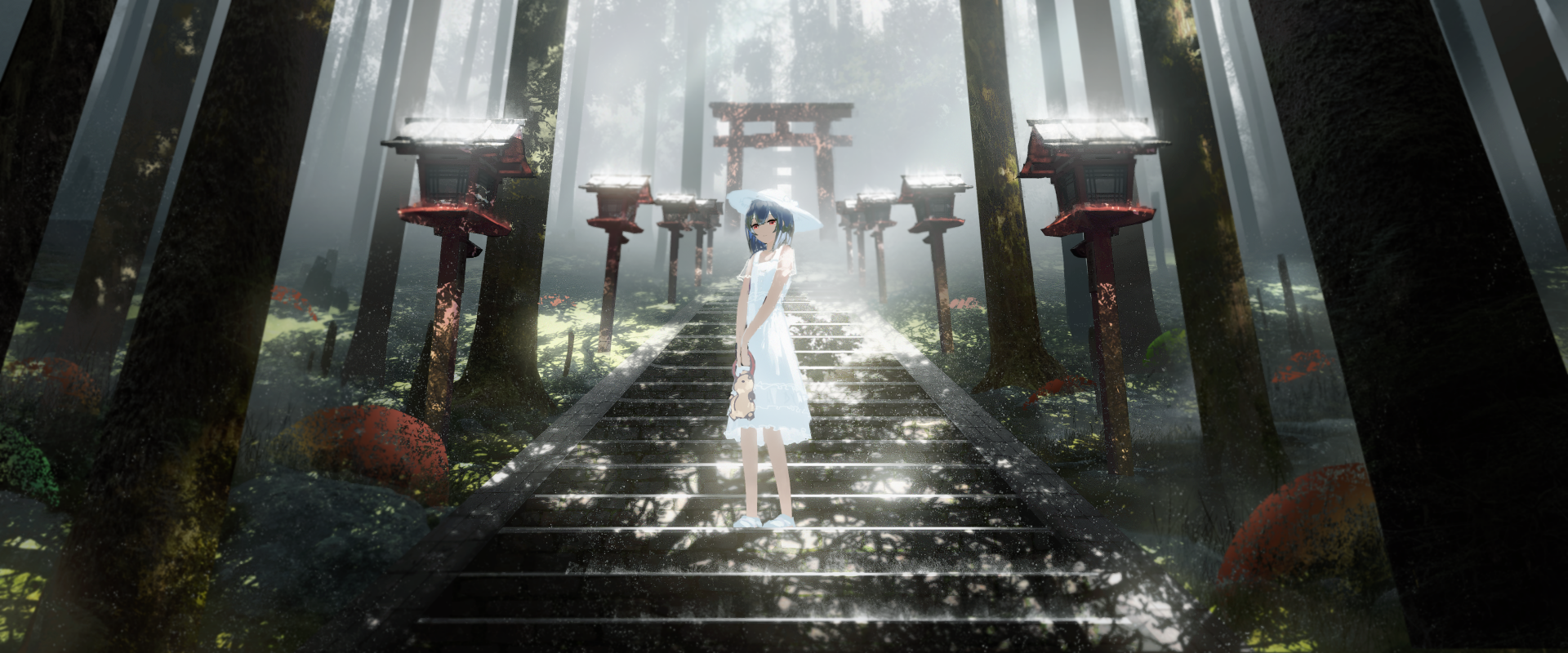 Rinze Morino from The iDOLM@STER: Shiny Colors stands on stone stairs leading to a torii gate at a shrine, surrounded by misty forest and traditional lanterns.
