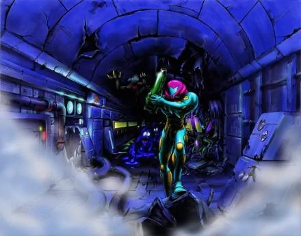 HD PC desktop wallpaper featuring Samus Aran from the Metroid video game series standing in a dark, futuristic tunnel with mist and mechanical details.