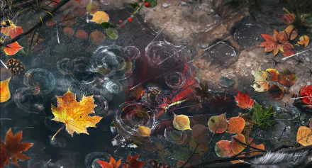 Artistic HD desktop wallpaper featuring colorful leaves in a rain puddle with reflected ripples, evoking a tranquil, natural scene.