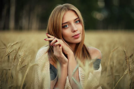 Blonde woman model with blue eyes in a wheat field, shallow depth of field — 5K Ultra HD PC desktop wallpaper background.