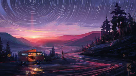 A fantasy landscape HD desktop wallpaper featuring a winding road through mountains at sunset, with vibrant star trails swirling across the night sky.