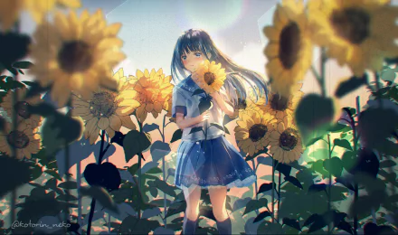 Anime-style original artwork featuring a girl in a blue school uniform standing amidst a vibrant sunflower field, rendered in stunning 4K Ultra HD for PC desktop wallpaper.