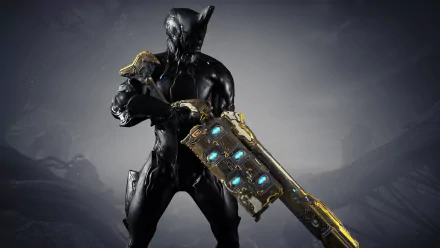 Warframe video game character in black armor wielding a bulky glowing rifle, set against a misty gray landscape — 4K Ultra HD PC desktop wallpaper and background.