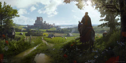 2K Quad HD PC desktop wallpaper: Manor Lords video game scene of a cloaked rider on horseback overlooking a lush medieval countryside and distant castle under a bright sky.