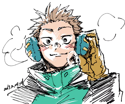 HD anime-style desktop wallpaper of Yuji Itadori from Jujutsu Kaisen, featuring a sketch-like portrait with earmuffs and a confident smile.