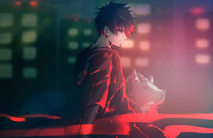 HD wallpaper featuring Megumi Fushiguro from the anime Jujutsu Kaisen, standing with a wolf-like spirit in a dark, cityscape background illuminated by a soft, red glow.