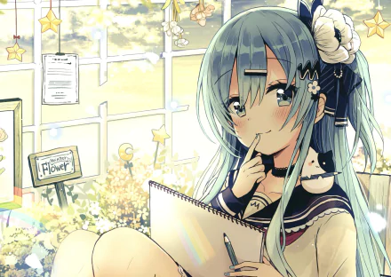 Anime-style original HD desktop wallpaper featuring a girl with blue hair, surrounded by soft sunlight and delicate star decorations in a cozy indoor setting.