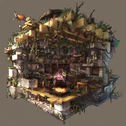 Fantasy-themed anime original artwork showcasing a detailed, cozy room with plants and warm lighting, designed as an HD PC desktop wallpaper and background.