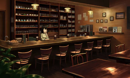 Anime-style 4K Ultra HD desktop wallpaper featuring a cozy, dimly lit cafe with wooden furniture and a lone character sitting at the bar counter.