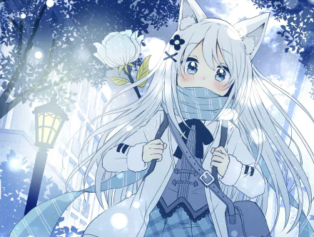 HD anime desktop wallpaper featuring a white-haired anime girl with cat ears, wearing a scarf and coat, standing in a snowy, moonlit forest.