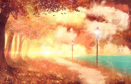Anime-style HD original desktop wallpaper depicting a glowing autumn park path with street lamps, vibrant fall foliage, and a serene body of water under a warm sky.