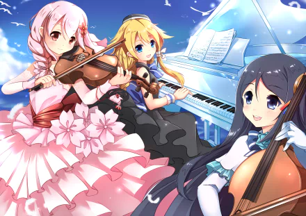 violin cello blonde black hair pink hair Anime music HD Desktop Wallpaper | Background Image