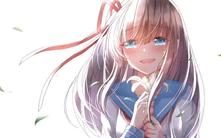 HD anime desktop wallpaper of a smiling anime girl with long hair wearing a blue sailor-style school uniform, holding a white flower against a bright background.