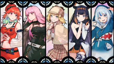 HD desktop wallpaper featuring hololive Virtual YouTubers: Gawr Gura, Ninomae Ina'nis, Watson Amelia, Mori Calliope, and Takanashi Kiara in anime style.