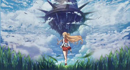 HD desktop wallpaper featuring an iconic scene from Sword Art Online, depicting a lone character holding a sword, standing in a field and looking towards a majestic floating fortress against a cloudy sky.