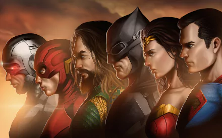 4K Ultra HD Justice League (2017) wallpaper featuring Cyborg, Barry Allen as Flash, Aquaman, Batman, Wonder Woman, and Superman in detailed DC Comics style.