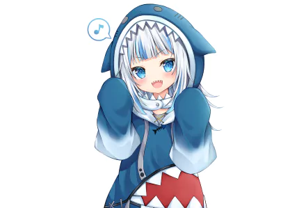 HD desktop wallpaper featuring Gawr Gura, a Hololive Virtual YouTuber with white hair and blue eyes, dressed in a shark-themed hoodie.