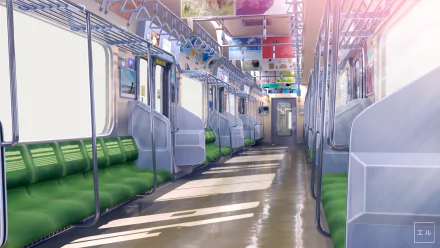 HD anime wallpaper depicting the empty interior of a train with green seats and sunlight streaming through the windows, creating a calm and serene atmosphere.