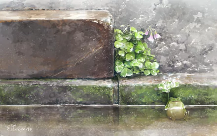 Anime-style HD desktop wallpaper featuring a small frog near clover plants by a mossy stone ledge, blending animal and natural elements in a serene scene.