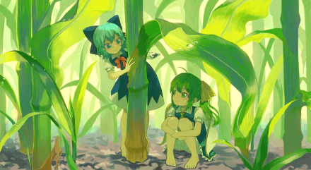 Anime-style 4K Ultra HD wallpaper featuring Touhou characters Cirno and Daiyousei with green hair amidst large, vibrant green plants.