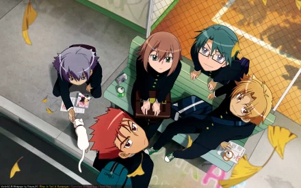 HD anime wallpaper from Baka and Test featuring five characters in school uniforms looking up, with a sports field background.