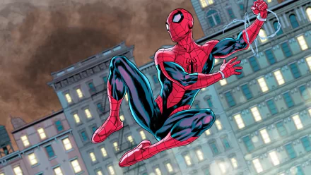 HD PC desktop wallpaper of Spider-Man (Peter Parker) from Spider-Geddon comic, swinging dynamically between city buildings.