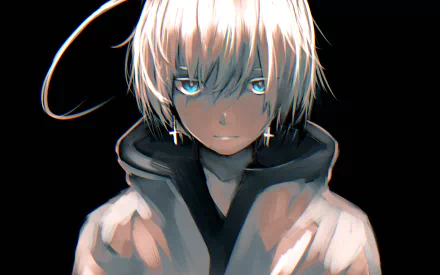 HD anime desktop wallpaper featuring a close-up of a serious anime boy with light hair, blue eyes, and a dark hoodie against a black background.