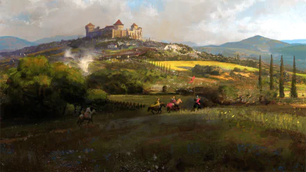 4K Ultra HD Crusader Kings III PC wallpaper depicting a medieval castle on a hill with knights riding through a sunlit countryside landscape.
