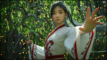 A woman in a white and red kimono stands in a glowing, enchanted forest, reaching forward with an intense expression. 4K Ultra HD fantasy wallpaper.