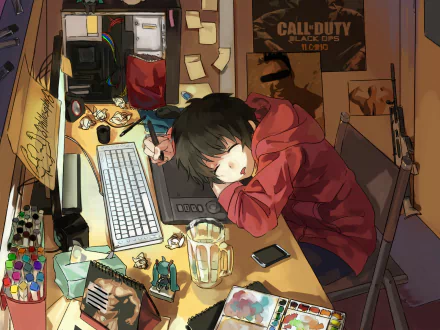 Anime boy with dark hair in a red hoodie asleep at a cluttered desk, featuring a keyboard, gaming controller, and art supplies in a detailed HD PC desktop wallpaper.