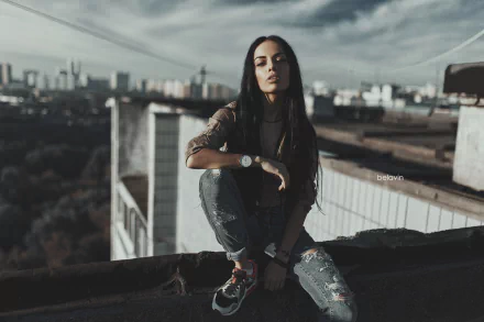 sneakers long hair jeans watch woman mood HD Desktop Wallpaper | Background Image