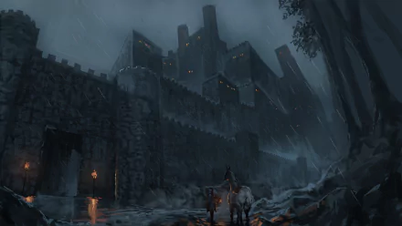 HD PC desktop wallpaper featuring a dark, moody fantasy castle with towering walls and glowing windows shrouded in mist and shadow.