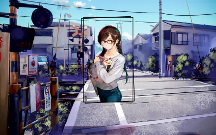 Anime HD desktop wallpaper featuring Chizuru Ichinose from Rent-A-Girlfriend with glasses, brown eyes, and long hair standing near a railway crossing in a detailed urban setting.