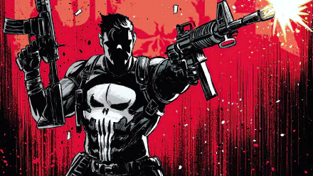4K Ultra HD comic-style wallpaper featuring the Punisher wielding dual guns against a bold red and black background.