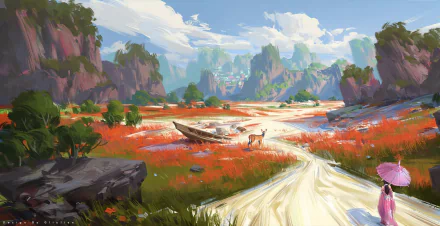 Artistic HD PC desktop wallpaper featuring a vibrant landscape with mountains, bright red fields, a winding path, and distant dramatic clouds under a blue sky.