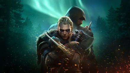 Eivor from Assassin's Creed Valhalla stands ready in a dark forest illuminated by the northern lights, depicted in an 8K Ultra HD video game wallpaper.
