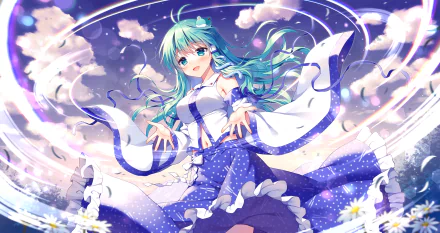 HD anime desktop wallpaper featuring Sanae Kochiya from Touhou with flowing blue hair and aqua eyes against a dreamy sky backdrop.