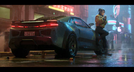 HD desktop wallpaper featuring a cyberpunk night scene with rain. A person leans against a futuristic car, illuminated by neon lights from surrounding buildings.
