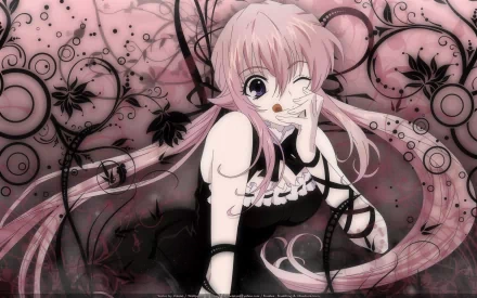 A vibrant HD wallpaper featuring Lulu from Monochrome Factor, showcasing her playful expression against a backdrop of intricate floral designs in shades of pink and black.