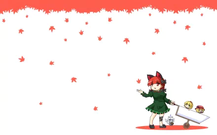 HD PC desktop wallpaper featuring anime characters Minoriko Aki, Shizuha Aki, and Rin Kaenbyou from the Touhou series with falling red maple leaves on a white background.