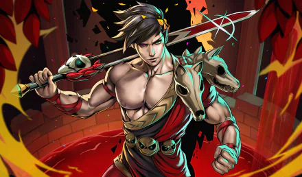 HD PC desktop wallpaper featuring Zagreus from the video game Hades, depicted in dynamic action with vivid colors and detailed design.
