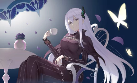HD PC desktop wallpaper featuring Echidna from Re:Zero - Starting Life in Another World with long white hair, sitting gracefully in an anime-style scene with butterflies.