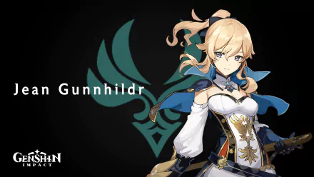HD desktop wallpaper featuring Jean Gunnhildr, a blonde character from the video game Genshin Impact, set against a black background with the Genshin Impact emblem.