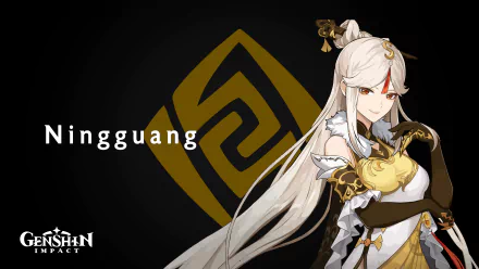 HD desktop wallpaper featuring Ningguang from Genshin Impact with white hair, dressed in elaborate gold and white attire, against a black and gold emblem background.