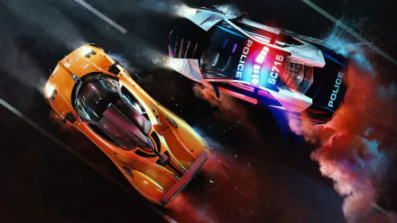 High-speed chase between a sleek orange sports car and a police car in a dynamic 4K Ultra HD PC wallpaper from the video game Need For Speed: Hot Pursuit.