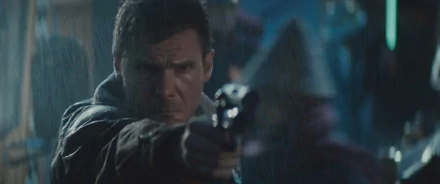 HD PC desktop wallpaper featuring a tense scene from the movie Blade Runner with a man aiming a gun amidst a dark, rainy backdrop.