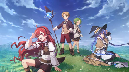 HD wallpaper featuring Eris Boreas Greyrat, Roxy Migurdia, Sylphiette, and Rudeus Greyrat from Mushoku Tensei: Jobless Reincarnation. The characters stand on a grassy hill under a vibrant blue sky.