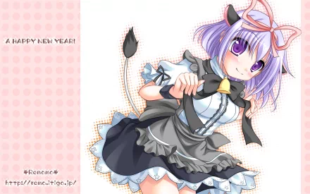 Anime girl with purple hair, cat ears and tail, wearing a frilly maid outfit with bell and bow on a pink polka-dot background — HD PC desktop wallpaper and background.